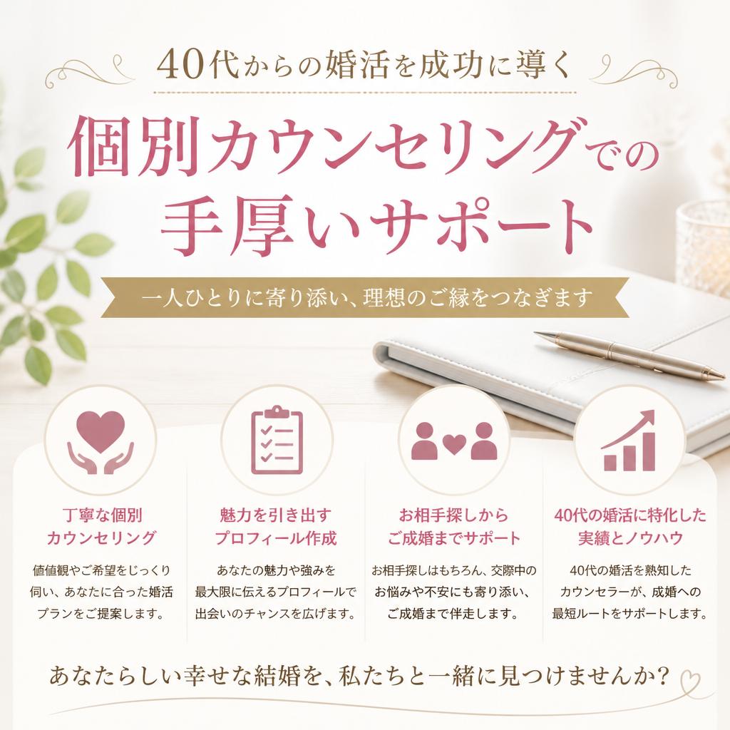 40代からの婚活を成功に導く、個別カウンセリングでの手厚いサポート